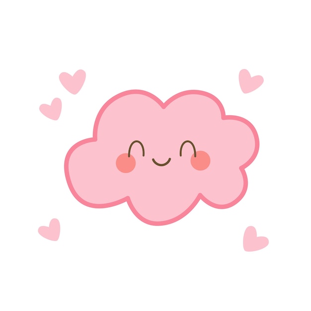 Nube rosada sonriente con corazones y mejillas en vector plano