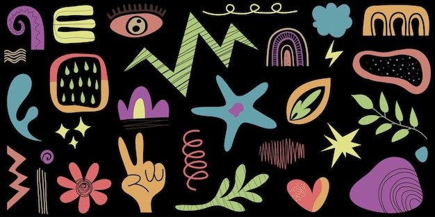 Nubes abstractas y formas de flores paquete de pegatinas Groovy funky flor burbuja ondas de bucle de estrellas en el estilo de dibujos animados retro de los años 90 ilustración vectorial con elementos ondulados y espirales
