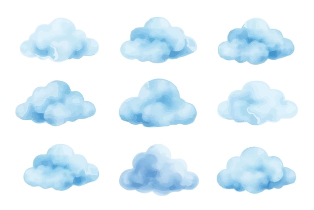 Nubes de acuarela en tonos azules pintadas a mano elementos meteorológicos del cielo esponjoso vector de diseño