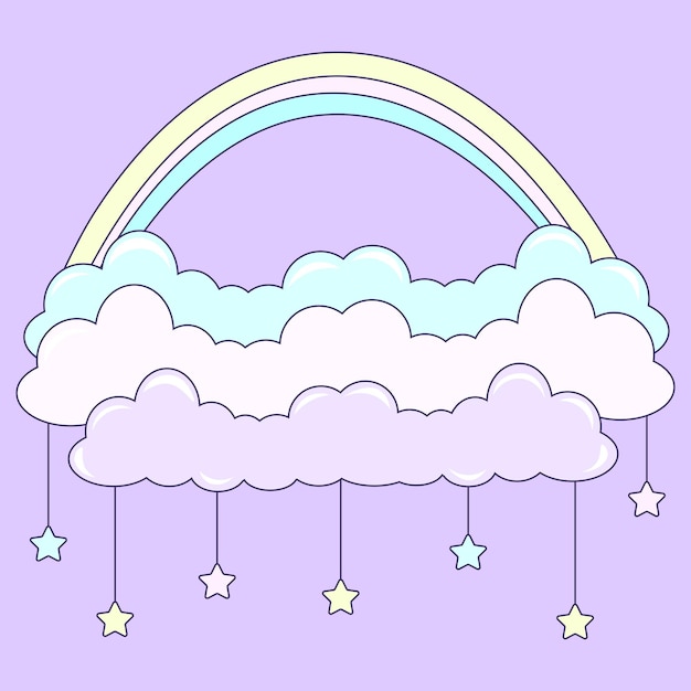 Nubes arco iris y estrellas linda ilustración para niños color púrpura dormitorio para niños bebé