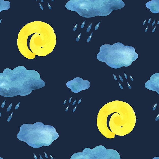 Nubes azul turquesa con gotas de lluvia y sol en espiral amarillo Ilustración en acuarela dibujada a mano en estilo infantil para carteles, tarjetas, pegatinas, patrón sin costuras sobre un fondo azul oscuro