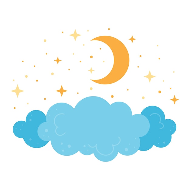 Nubes azules con estrellas y luna. Concepto de guardería infantil. Ilustración aislada de dibujos animados de vector.
