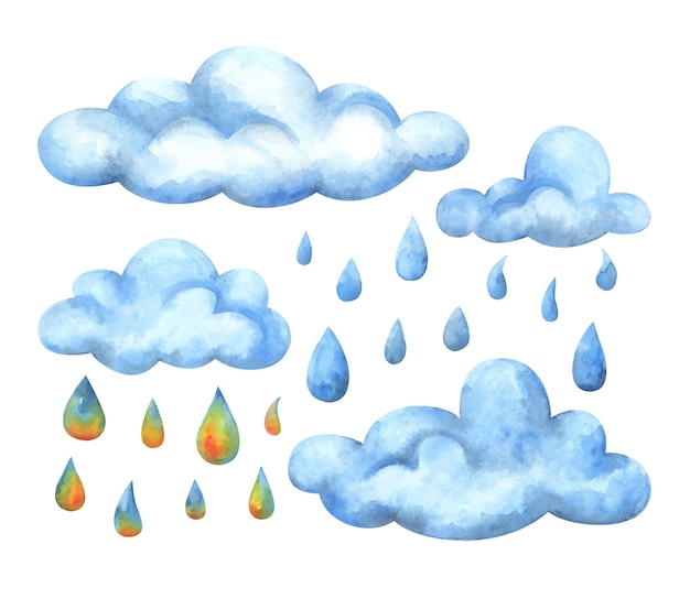 Nubes azules y gotas de lluvia multicolores. Conjunto de ilustraciones