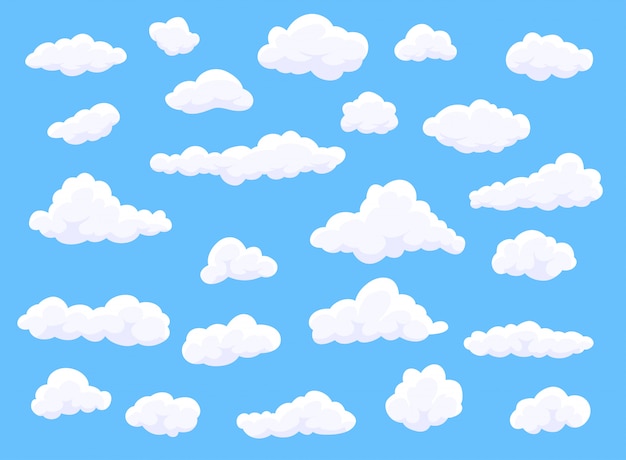 Nubes blancas de dibujos animados de forma diferente sobre fondo azul. Elemento de decoración.