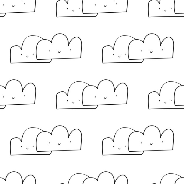 Nubes bonitas con un diseño de contorno de patrón sin costuras, ilustración dibujada a mano sobre fondo blanco