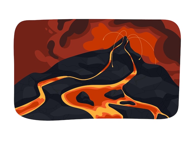 Vector nubes de ceniza de humo rojo sobre un volcán activo en erupción magma de lava volcánica caliente que fluye sobre la roca desde la boca del cráter de la montaña actividad sísmica desastre natural catástrofe ilustración vectorial plana