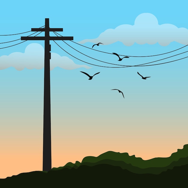 Nubes de cielo azul fondo de día soleado con filas de ilustración vectorial de electricidad