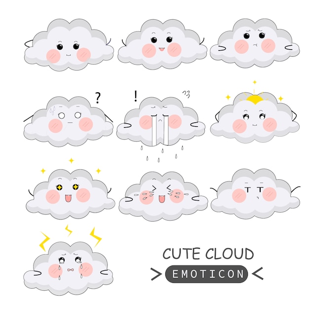nubes cielo icono animación dibujos animados personaje mascota pegatina expresión triste feliz llorar enamorado idea relámpago sol