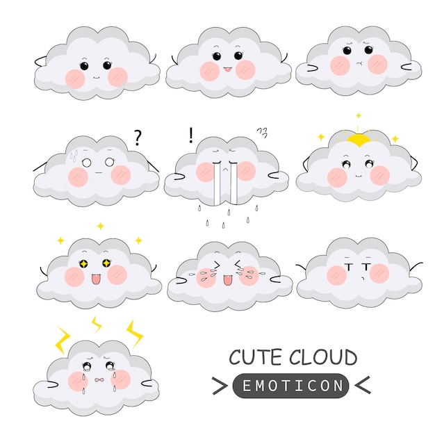 Vector nubes cielo icono animación dibujos animados personaje mascota pegatina expresión triste feliz llorar enamorado idea relámpago sol