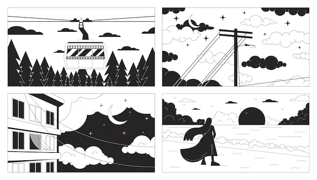 Nubes del cielo nocturno con luna en blanco y negro conjunto de papel tapiz lo fi chill