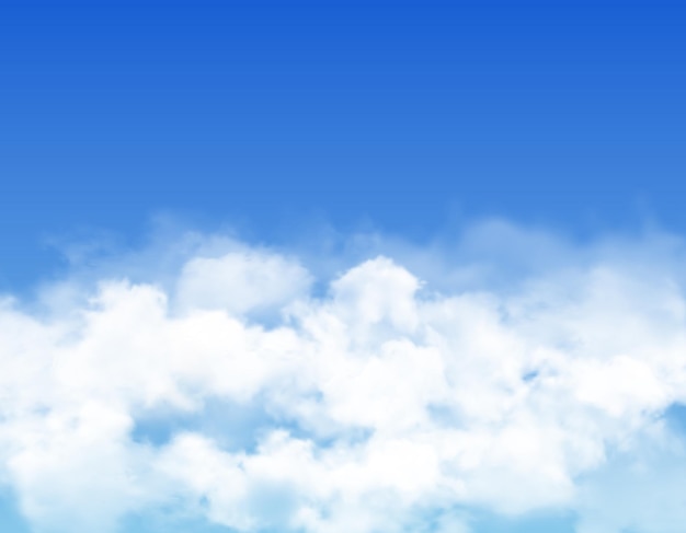 Nubes del cielo o niebla, cielo azul con niebla blanca, vapor o nubes esponjosas, fondo de vector. Nubes en el cielo azul, humo esponjoso o niebla blanca con luz, día soleado con vapor de aire esponjoso transparente
