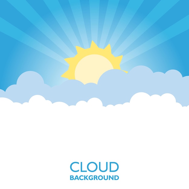 Vector nubes en el cielo con rayos de sol ilustración vectorial plana en estilo de dibujos animados fondo colorido azul