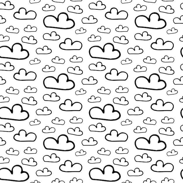 Nubes dibujadas a mano de patrones sin fisuras. Doodle dibujo negro. Símbolo de signo. Elemento de decoración. Aislado sobre fondo blanco. Diseño plano. Ilustración vectorial.