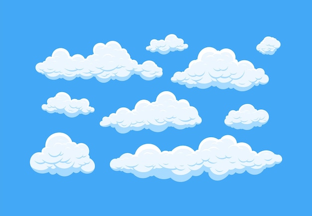 Vector nubes de dibujos animados aisladas en fondo azul cumulus y remolino esponjoso en el cielo azul esbozo dibujado a mano