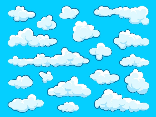 Nubes de dibujos animados pintadas sobre fondo azul simple mano dibujada nube redonda panorama del cielo de verano