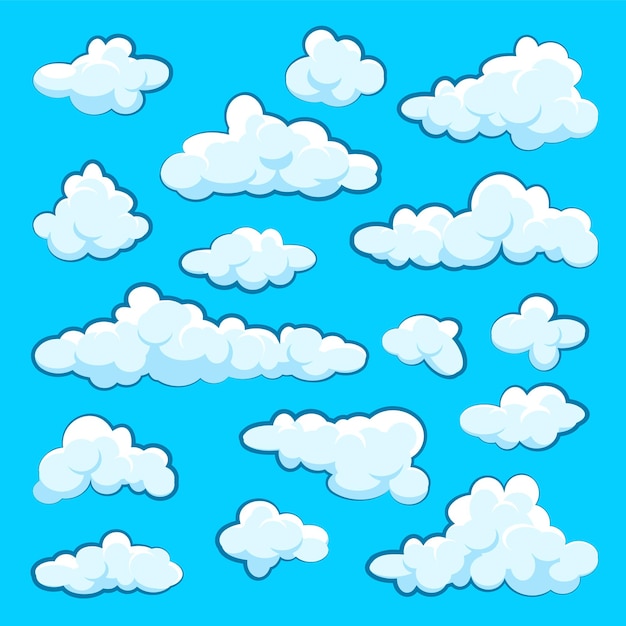 Nubes de dibujos animados pintadas sobre fondo azul simple mano dibujada nube redonda panorama del cielo de verano