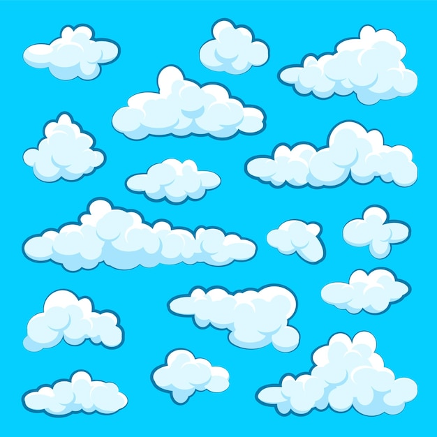 Vector nubes de dibujos animados pintadas sobre fondo azul simple mano dibujada nube redonda panorama del cielo de verano