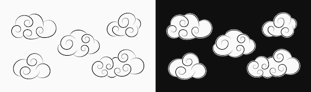 Nubes de dibujos animados sobre un fondo blanco y negro