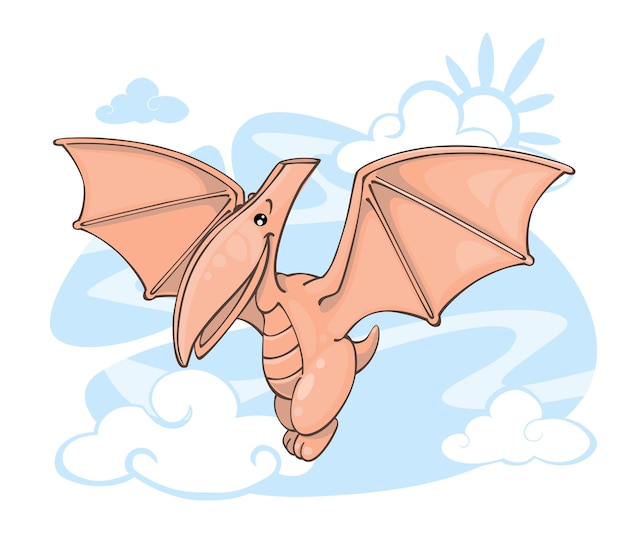 Nubes de dinosaurios voladores clipart vectorial del cielo azul en estilo de dibujos animados en un fondo aislado