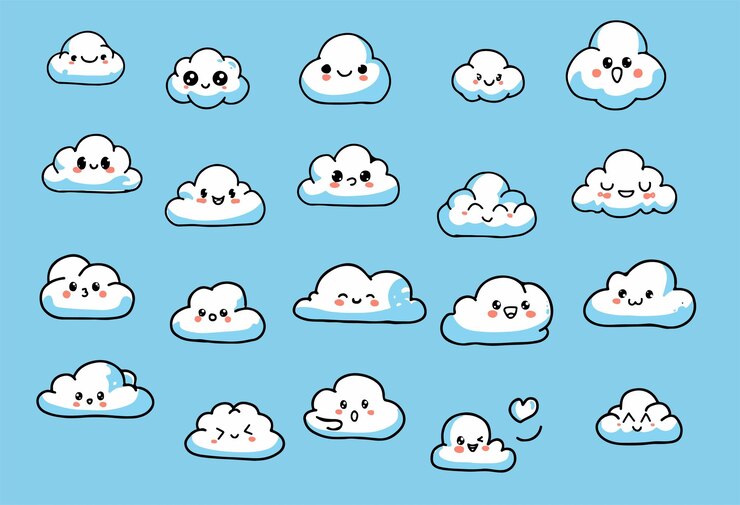 nubes de estilo dibujos animados sonrientes para el diseño del cielo y el clima