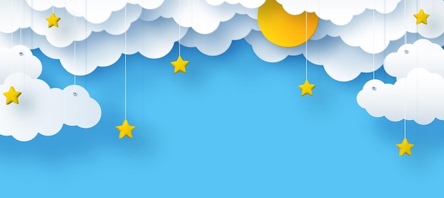 nubes y estrellas el sol sobre un fondo azul ilustración infantil del cielo