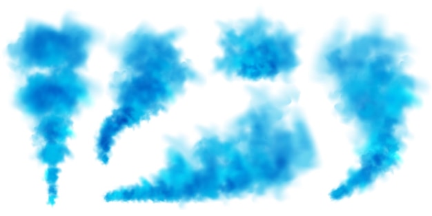 Nubes de humo de colores azules aisladas en un fondo blanco efecto de niebla realista vapor de niebla en el aire