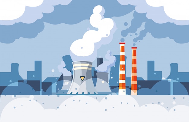 Vector nubes de humo industriales en el paisaje urbano, contaminación ambiental del reactor nuclear