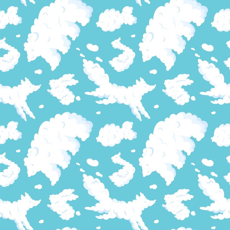 Vector nubes lindo esponjosas similares a los animales niños patrón sin costuras sueños e imaginación infantiles oso blanco y conejo mamíferos nublados zorro y pájaro cielo azul fondo vectorial llamativo