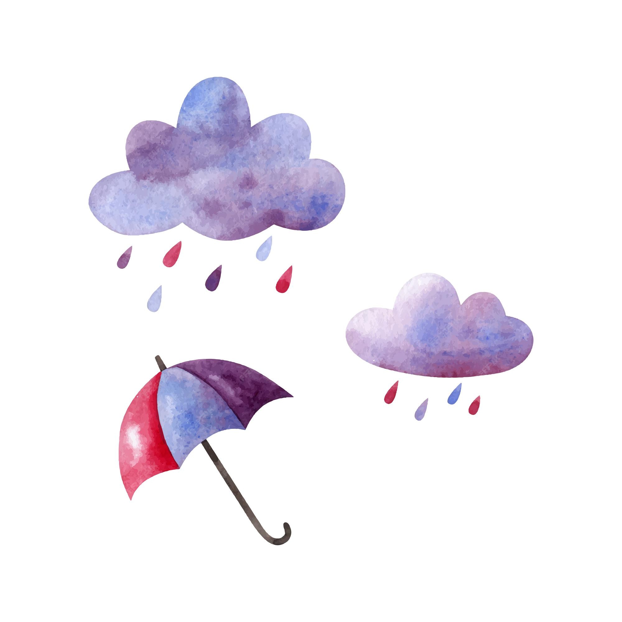 Nubes de lluvia y paraguas de colores acuarela dibujada a mano acuarela en estilo de dibujos arte vectorial | Vector Premium