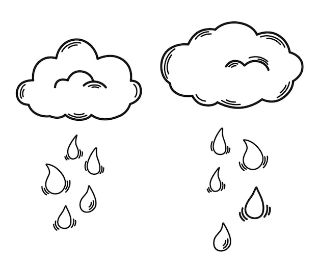 Vector nubes con lluvia pronóstico del tiempo arte de línea meteorológico símbolo de tiempo nublado para impresión web y aplicaciones ilustración vectorial en estilo garabato aislado en el fondo blanco