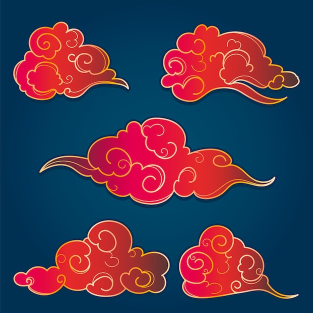 Nubes orientales lineales dibujadas a mano colección de elementos de nubes chinas nubes elegantes y olas en