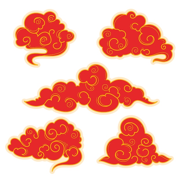 Nubes orientales lineales dibujadas a mano Colección de elementos de nubes chinas Nubes y olas elegantes en estilo japonés Ornamentos tradicionales asiáticos