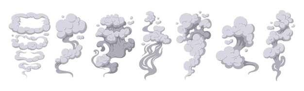 Nubes de polvo Nubes de corriente de soplo de humo Nubes de flujo de nube humeante Siluetas de vector plano Ilustración de conjunto Nubes de explosión de humo
