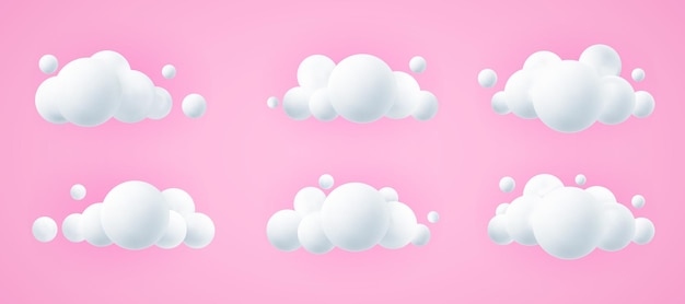 Nubes realistas 3d conjunto fondo azul dibujos animados icono esponjoso cielo rosa ilustración vectorial geométrica