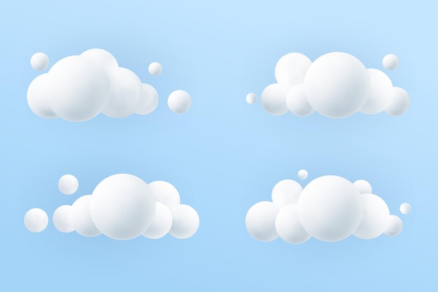 Nubes realistas 3d establecen fondo azul icono esponjoso de dibujos animados en el vector de formas geométricas de cielo azul