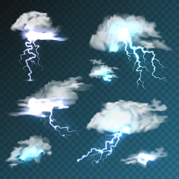 Vector nubes realistas con relámpagos sobre un fondo transparente, tormenta y chispas de relámpago