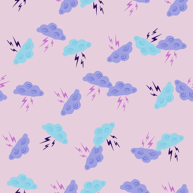 Nubes con relámpagos de patrones sin fisuras. Lindo fondo dibujado a mano. Textura repetida en estilo garabato para papel de regalo de tela, papel tapiz, tejido. ilustración vectorial