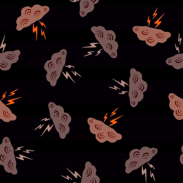 Nubes con relámpagos de patrones sin fisuras. Lindo fondo dibujado a mano. Textura repetida en estilo garabato para papel de regalo de tela, papel tapiz, tejido. ilustración vectorial