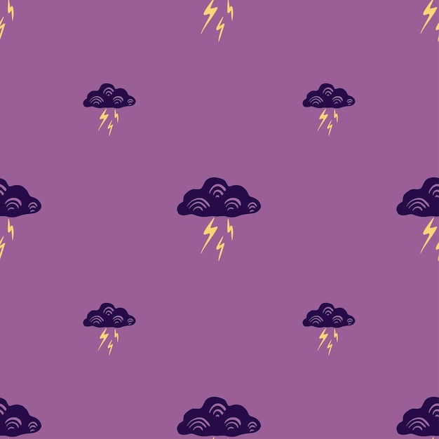 Nubes con relámpagos de patrones sin fisuras. Lindo fondo dibujado a mano. Textura repetida en estilo garabato para papel de regalo de tela, papel tapiz, tejido. ilustración vectorial