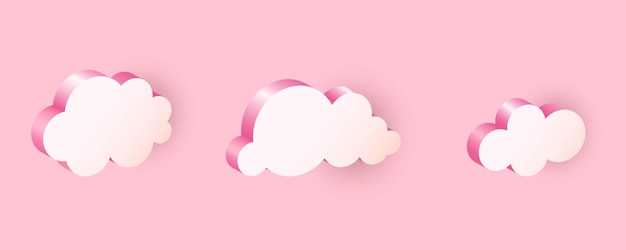 Nubes rosadas 3d conjunto de iconos realistas formas geométricas en el cielo del atardecer globo de comunicación web símbolo de internet meteorología elemento climático objetos decorativos vector ilustración aislada