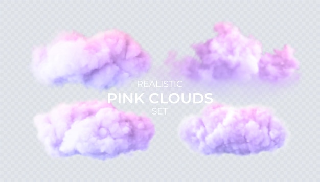 Nubes rosadas, azules, púrpuras aisladas sobre un fondo transparente. Conjunto realista 3D de nubes. Efecto transparente real. Ilustración vectorial