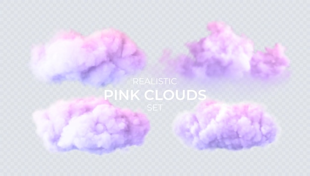 Vector nubes rosadas, azules, púrpuras aisladas sobre un fondo transparente. conjunto realista 3d de nubes. efecto transparente real. ilustración vectorial