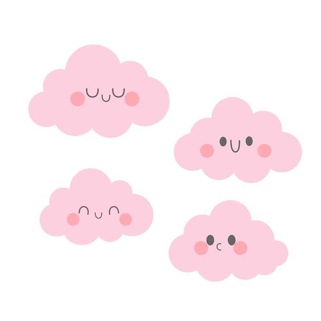 Nubes rosadas lindas conjunto vectorial para niños nubes rosas lindas de dibujos animados con rostros kawaii conjunto vectorio