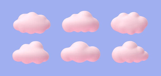 Vector nubes rosadas nubes redondeadas rosadas suaves de dibujos animados formas 3d para juegos y animación nubes mágicas de puesta de sol aisladas en un conjunto vectorial de fondo azul