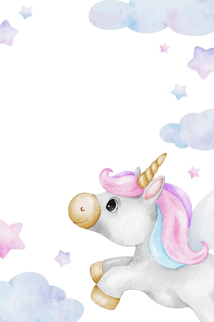 Nubes de unicornio estrellas en blanco de caballo de cuento de hadas bebé lindo marco de acuarela dibujado a mano aislado plantilla para niños productos tarjetas de invitaciones cartelera de papelería baby shower y habitación infantil