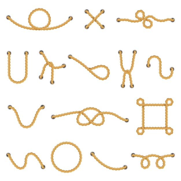 Vector nudos de cuerda. nudos de cordaje marino marino, marco de cuerda decorativa, divisor y conjunto de iconos de ilustración de nudo náutico. línea de cuerda e hilo, bolina de cuerda marina