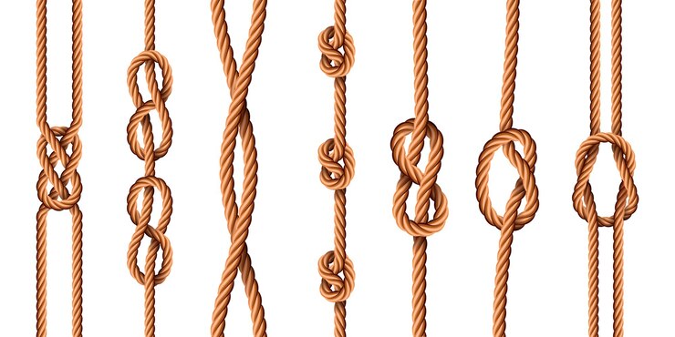 Nudos náuticos. Cuerdas realistas con nudos marineros o exploradores. Cordones de yute marino atados con presillas. Conjunto de vectores de hilos de cáñamo de dibujos animados doblados. Ilustración marinero cable trenzado, cuerda y cordón
