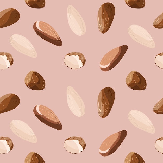 Vector nueces de almendra dibujadas a mano de patrones sin fisuras. chokolate de almendras, envase de leche. vector textil, tela.