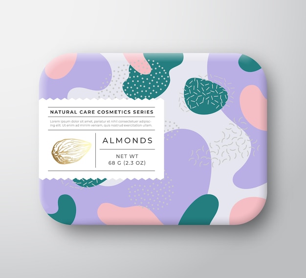 Nueces Baño Cosméticos Paquete Caja Vector Papel envuelto Contenedor con cuidado Etiqueta Cubierta Diseño de empaque Tipografía moderna y dibujado a mano Almendra Resumen Camo Diseño de patrón de fondo