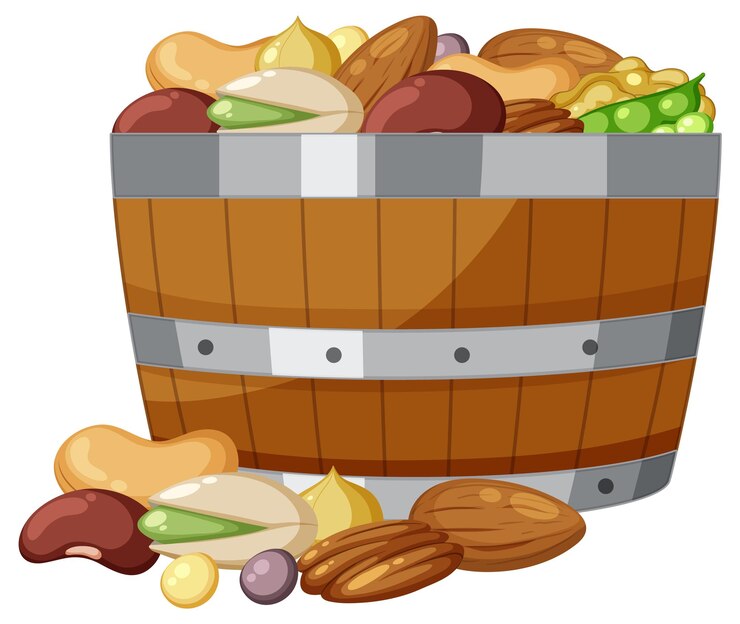 Vector nueces en barril de madera una ilustración de dibujos animados vectorial